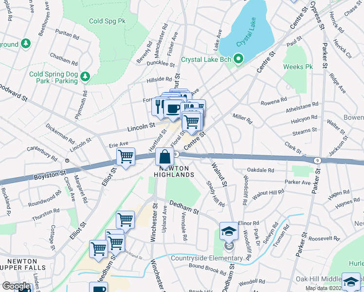 map of restaurants, bars, coffee shops, grocery stores, and more near 1670 Centre Street in Newton