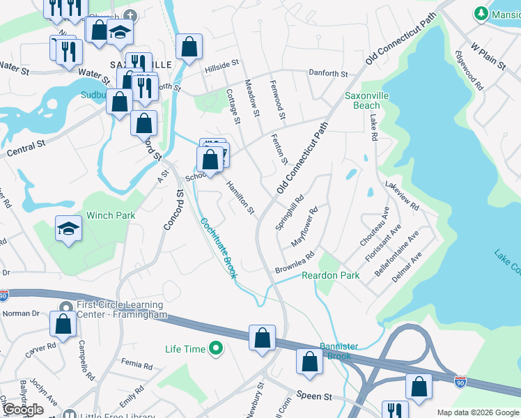map of restaurants, bars, coffee shops, grocery stores, and more near 35 Hamilton Street in Framingham