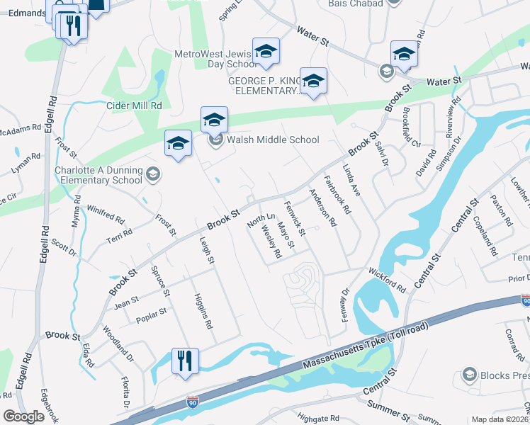 map of restaurants, bars, coffee shops, grocery stores, and more near 28 Wesley Road in Framingham