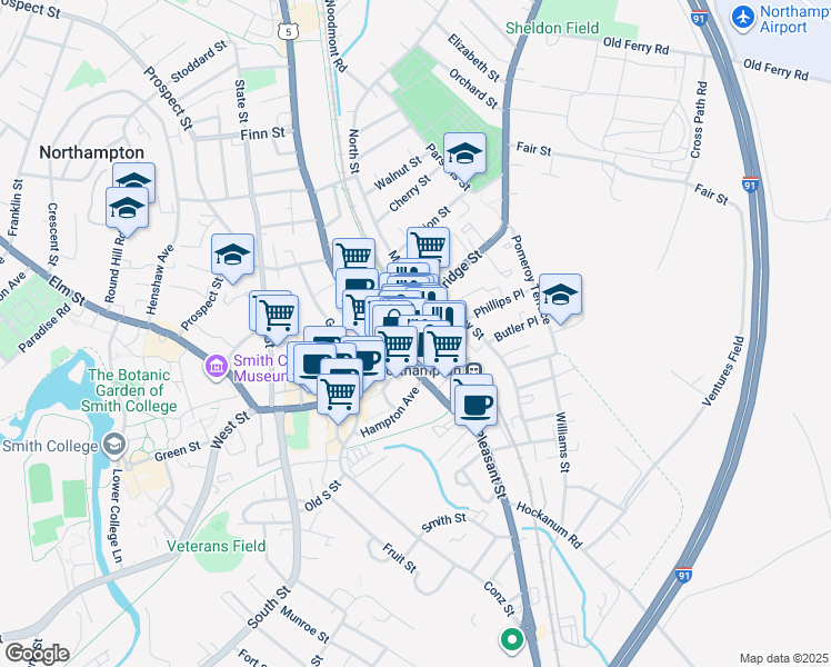 map of restaurants, bars, coffee shops, grocery stores, and more near 19 Strong Avenue in Northampton