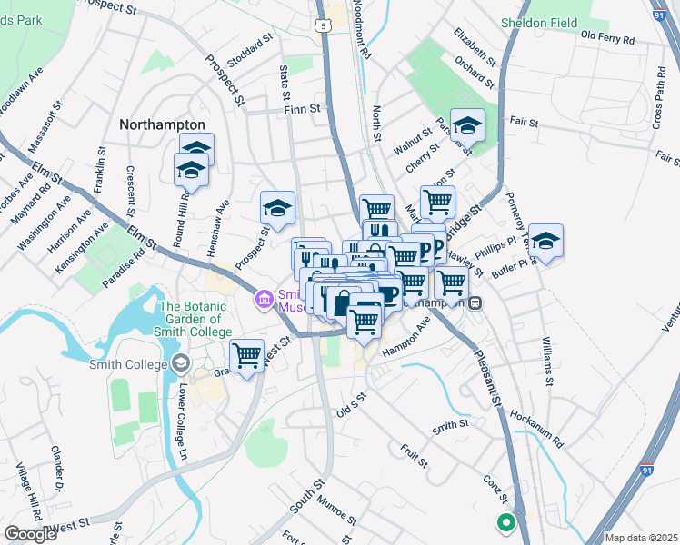 map of restaurants, bars, coffee shops, grocery stores, and more near 38 Gothic Street in Northampton