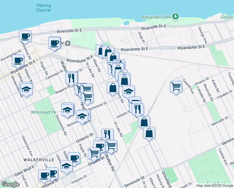 map of restaurants, bars, coffee shops, grocery stores, and more near 1092 Albert Road in Windsor