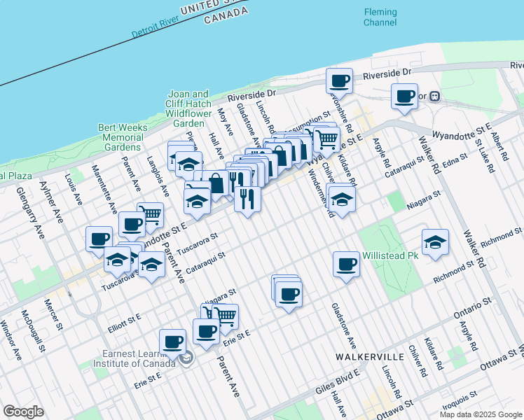 map of restaurants, bars, coffee shops, grocery stores, and more near in Windsor