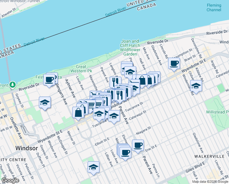 map of restaurants, bars, coffee shops, grocery stores, and more near 868 Brant Street in Windsor