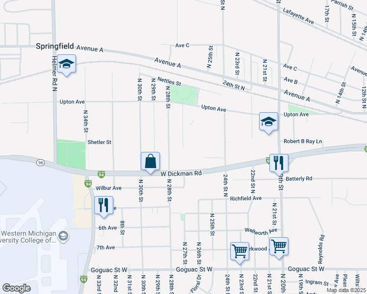 map of restaurants, bars, coffee shops, grocery stores, and more near 352 North 27th Street in Springfield