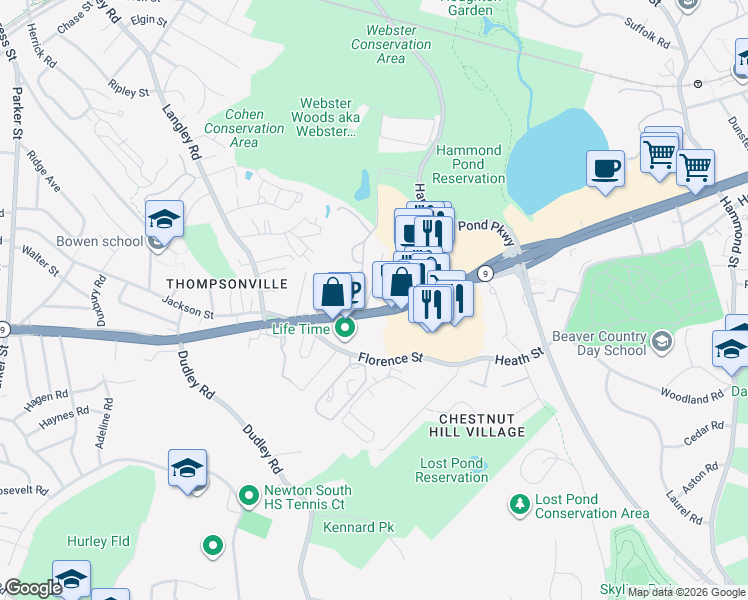 map of restaurants, bars, coffee shops, grocery stores, and more near 250 Boylston Street in Newton