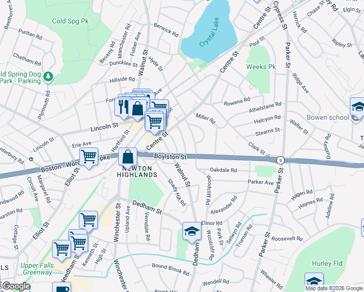 map of restaurants, bars, coffee shops, grocery stores, and more near 42 Boylston Road in Newton