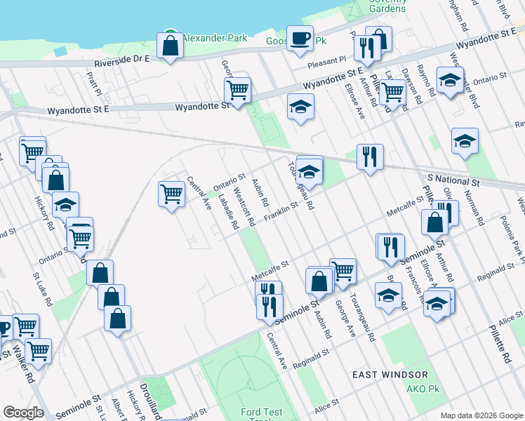 map of restaurants, bars, coffee shops, grocery stores, and more near 1302 Aubin Road in Windsor