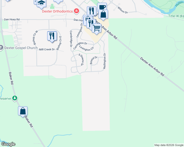 map of restaurants, bars, coffee shops, grocery stores, and more near 6868 Wellington Drive in Dexter