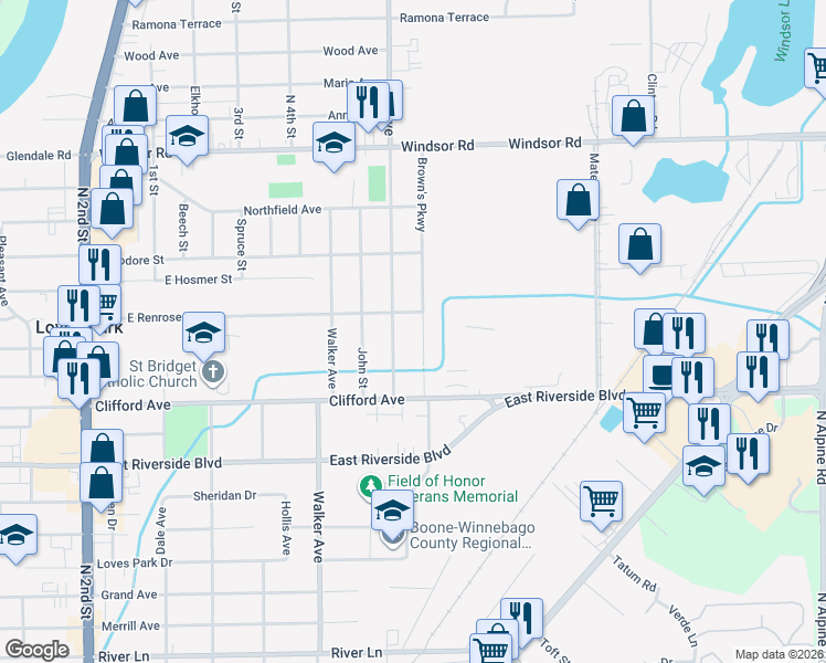 map of restaurants, bars, coffee shops, grocery stores, and more near 6131 Brown's Parkway in Loves Park