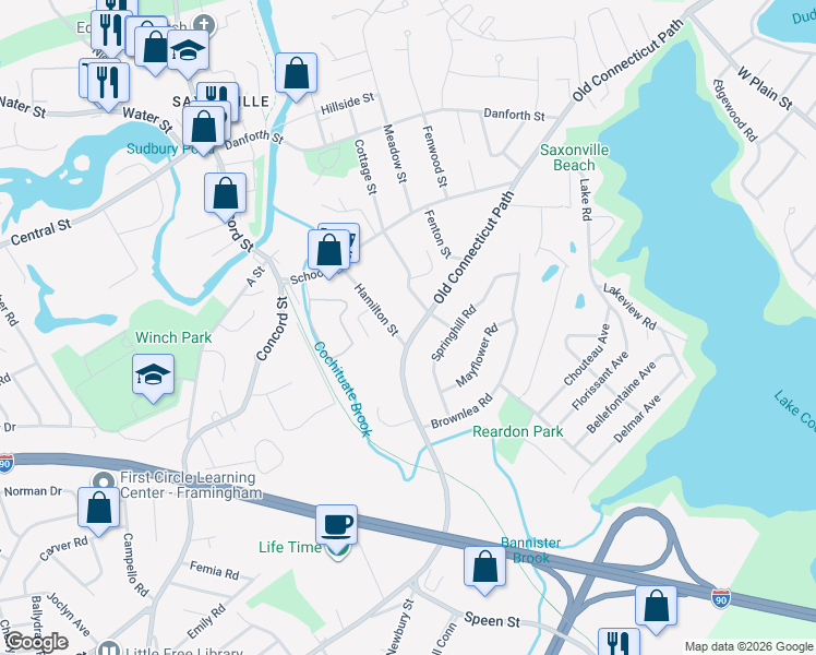 map of restaurants, bars, coffee shops, grocery stores, and more near 35 Hamilton Street in Framingham