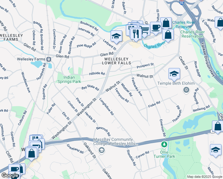 map of restaurants, bars, coffee shops, grocery stores, and more near 332 Walnut Street in Wellesley