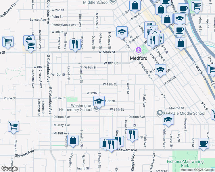 map of restaurants, bars, coffee shops, grocery stores, and more near 830 West 12th Street in Medford