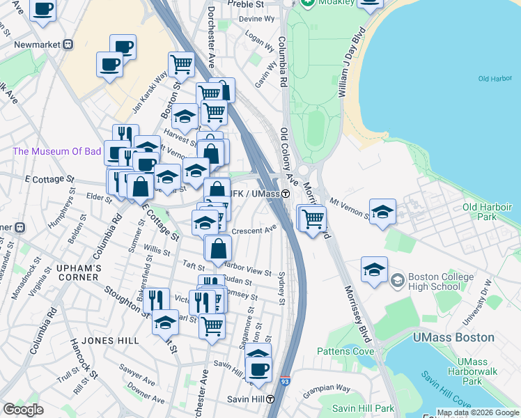 map of restaurants, bars, coffee shops, grocery stores, and more near 82 Crescent Avenue in Boston