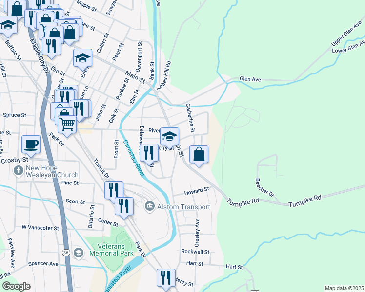 map of restaurants, bars, coffee shops, grocery stores, and more near 90 East Main Street in Hornell