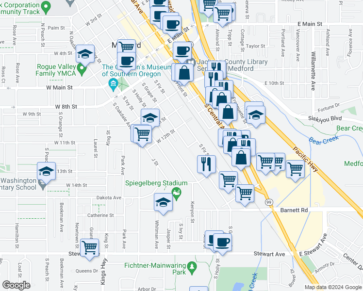 map of restaurants, bars, coffee shops, grocery stores, and more near 530 South Grape Street in Medford