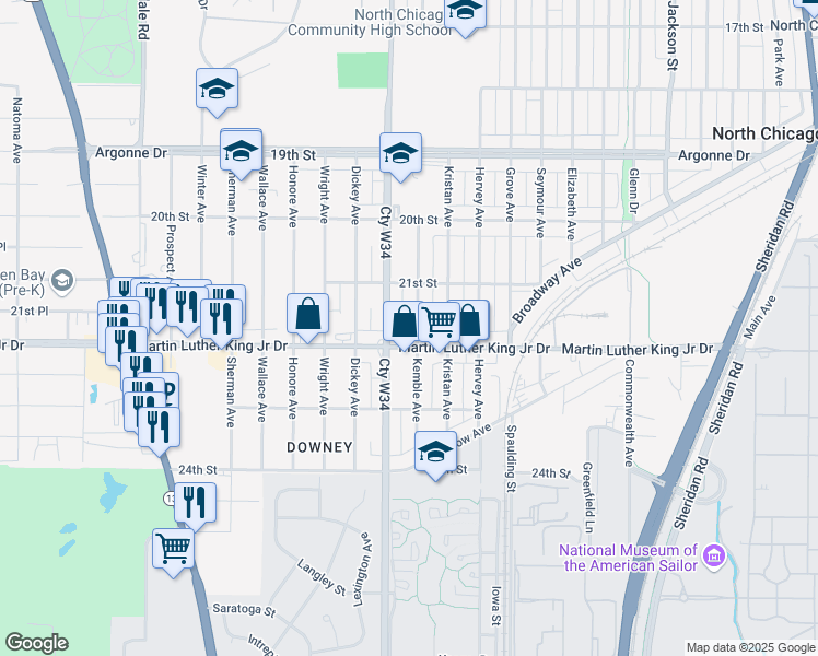 map of restaurants, bars, coffee shops, grocery stores, and more near 2134 Kemble Avenue in North Chicago