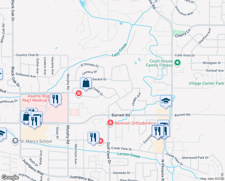 map of restaurants, bars, coffee shops, grocery stores, and more near 3061 Lazy Creek Drive in Medford