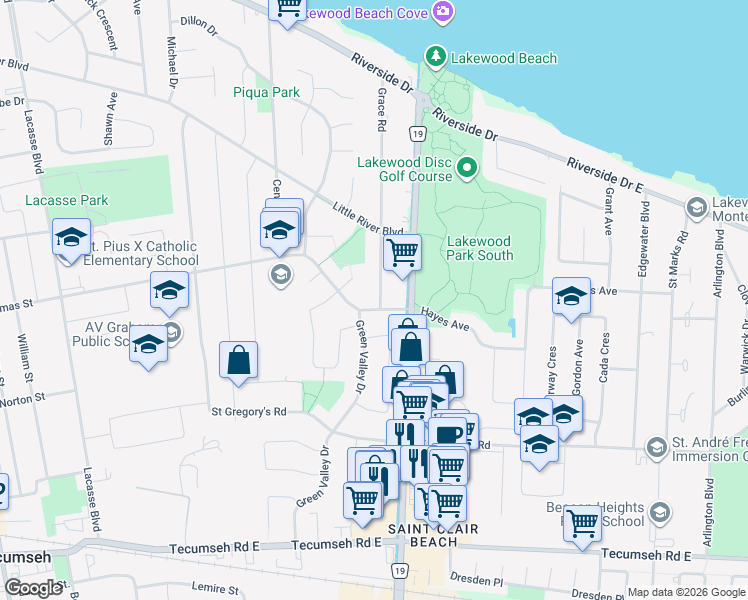 map of restaurants, bars, coffee shops, grocery stores, and more near 13273 Saint Thomas Street in Windsor