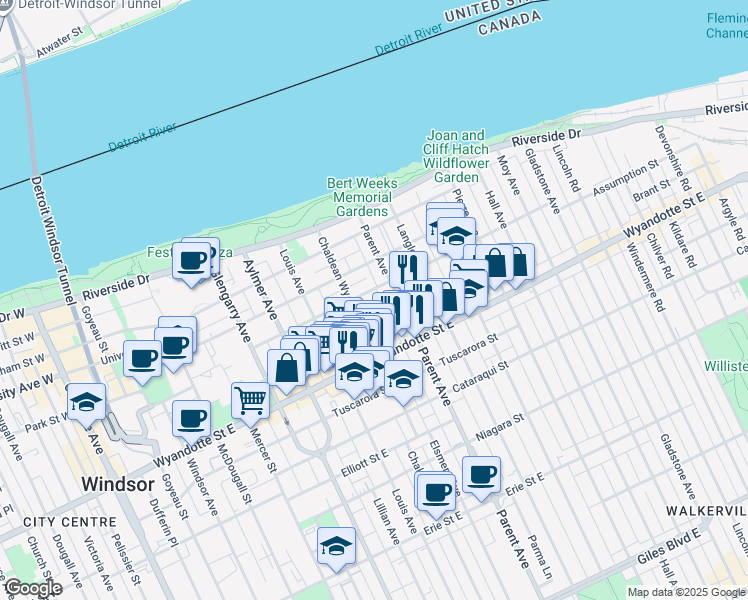 map of restaurants, bars, coffee shops, grocery stores, and more near 456 Marentette Avenue in Windsor