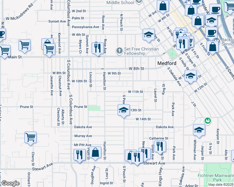 map of restaurants, bars, coffee shops, grocery stores, and more near 1021 West 11th Street in Medford