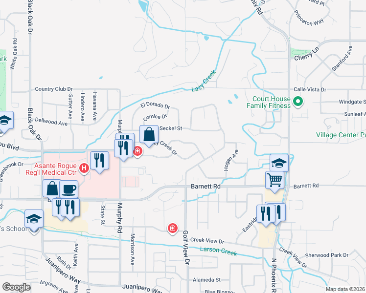 map of restaurants, bars, coffee shops, grocery stores, and more near 3046 Crystal Mountain Avenue in Medford