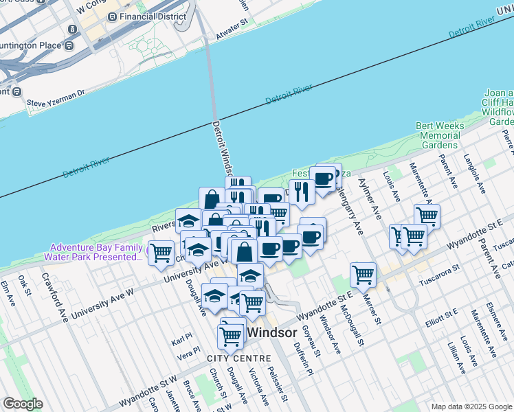 map of restaurants, bars, coffee shops, grocery stores, and more near 111 Riverside Drive East in Windsor