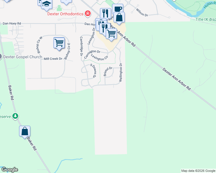 map of restaurants, bars, coffee shops, grocery stores, and more near 6868 Wellington Drive in Dexter