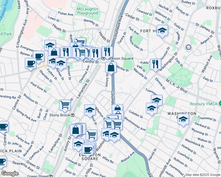 map of restaurants, bars, coffee shops, grocery stores, and more near 1841-1843 Columbus Avenue in Boston