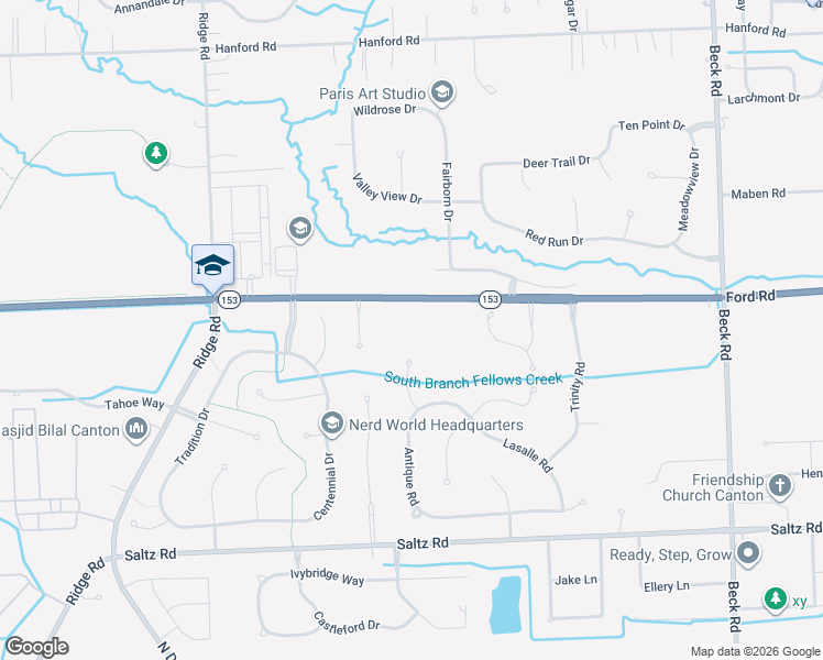 map of restaurants, bars, coffee shops, grocery stores, and more near 48415 Ford Road in Canton