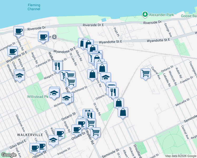 map of restaurants, bars, coffee shops, grocery stores, and more near 1112 Hickory Road in Windsor