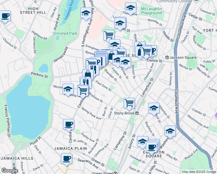 map of restaurants, bars, coffee shops, grocery stores, and more near 32 Oakview Terrace in Boston