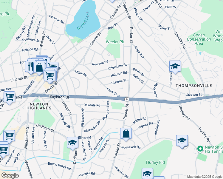 map of restaurants, bars, coffee shops, grocery stores, and more near 136 Clark Street in Newton