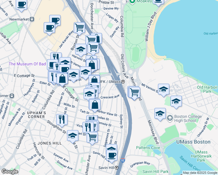 map of restaurants, bars, coffee shops, grocery stores, and more near 17 Moseley Street in Boston