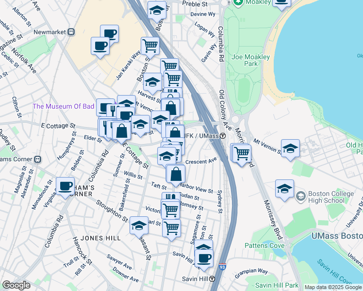 map of restaurants, bars, coffee shops, grocery stores, and more near 923 Dorchester Avenue in Boston