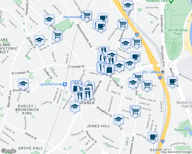 map of restaurants, bars, coffee shops, grocery stores, and more near 17 Eastman Street in Boston