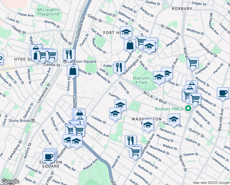map of restaurants, bars, coffee shops, grocery stores, and more near 33 Townsend Street in Boston