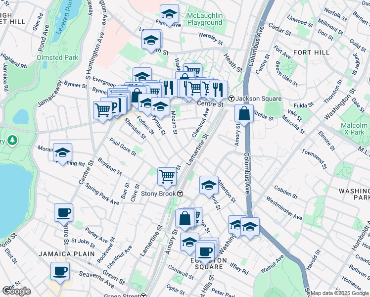 map of restaurants, bars, coffee shops, grocery stores, and more near 99 Wyman Street in Boston