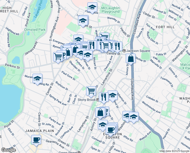 map of restaurants, bars, coffee shops, grocery stores, and more near 99 Wyman Street in Boston
