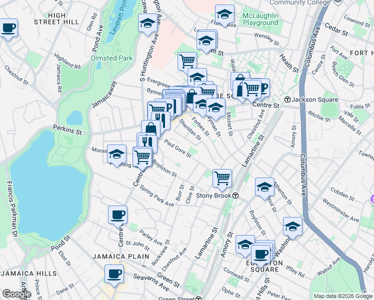 map of restaurants, bars, coffee shops, grocery stores, and more near 32 Oakview Terrace in Boston