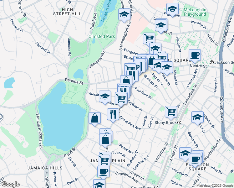 map of restaurants, bars, coffee shops, grocery stores, and more near 30 Moraine Street in Boston