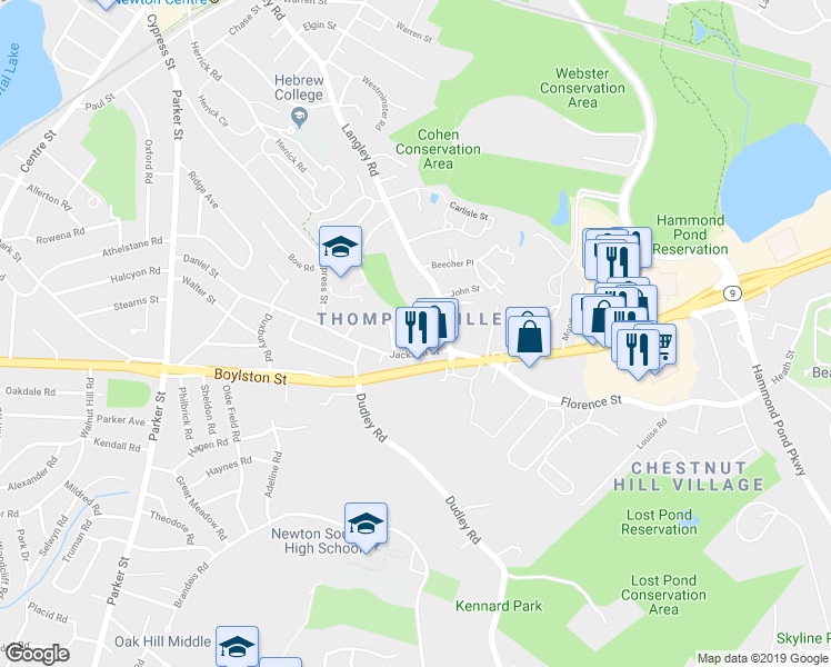 map of restaurants, bars, coffee shops, grocery stores, and more near 41 Jackson Street in Newton