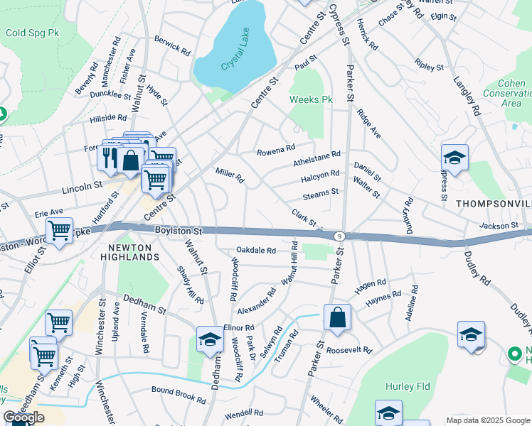map of restaurants, bars, coffee shops, grocery stores, and more near 701 Boylston Street in Newton