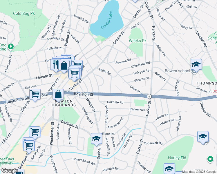 map of restaurants, bars, coffee shops, grocery stores, and more near 81 Cloverdale Road in Newton