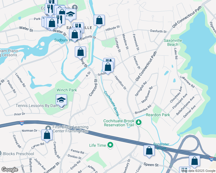 map of restaurants, bars, coffee shops, grocery stores, and more near 60 Queens Way in Framingham