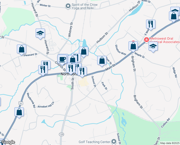 map of restaurants, bars, coffee shops, grocery stores, and more near 38 Main Street in Northborough