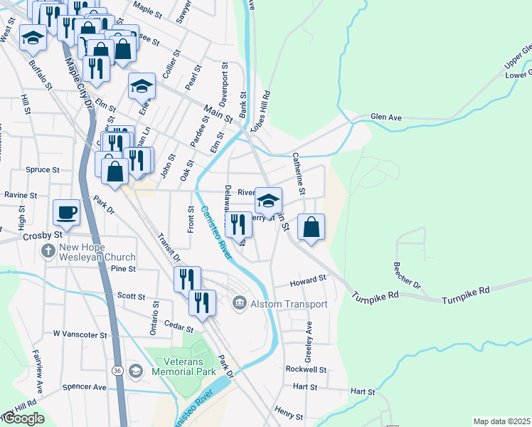 map of restaurants, bars, coffee shops, grocery stores, and more near 161 Terry Street in Hornell