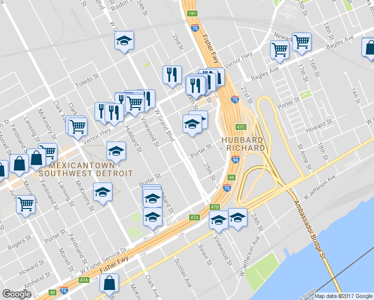 map of restaurants, bars, coffee shops, grocery stores, and more near in Detroit