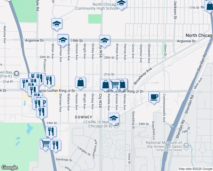 map of restaurants, bars, coffee shops, grocery stores, and more near 1900 Martin Luther King Junior Drive in North Chicago