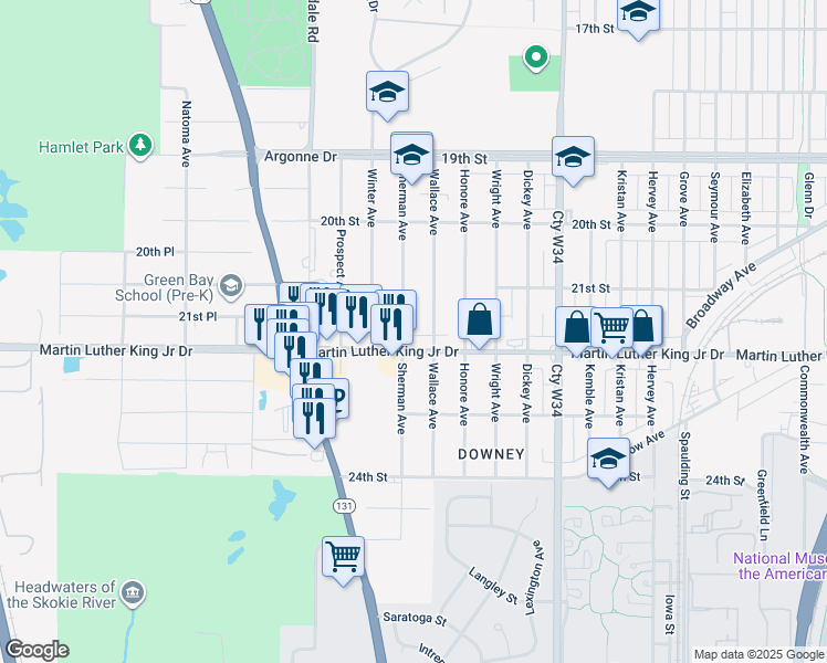 map of restaurants, bars, coffee shops, grocery stores, and more near 2500 22nd Street in North Chicago